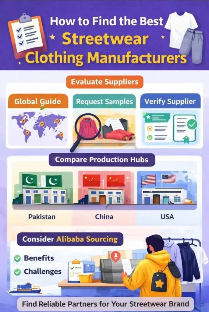 Infographic explaining how to find streetwear clothing manufacturers and compare global production hubs