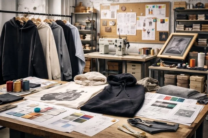 Streetwear clothing design studio with hoodies t shirts fabric samples and sewing machine for apparel manufacturing